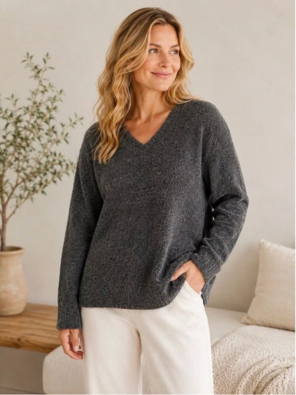 Barefoot Dreams CozyChic® Open V-Neck Pullover in Carbon-Smokey Gray NWT Small
